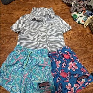 Vineyard Vines Striped Polo Shirt and Two Colorful Swim Trunks